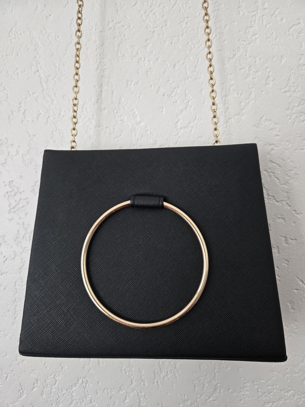 Black Crossbody Bag with Gold Ring Accent - Fashion Handbag